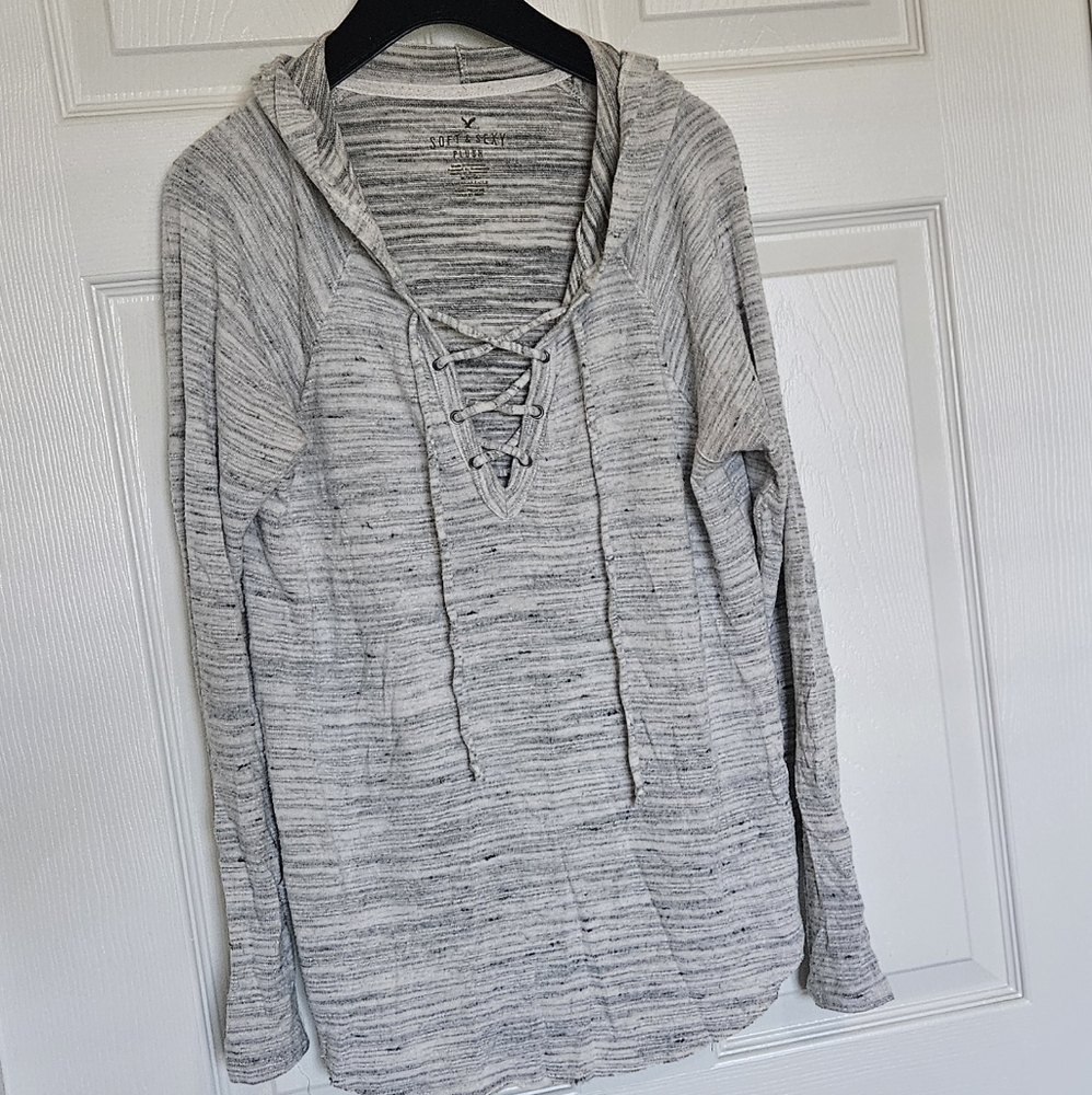 Gray Grey tones & White side-striped hoodie with laced v-neckline Medium